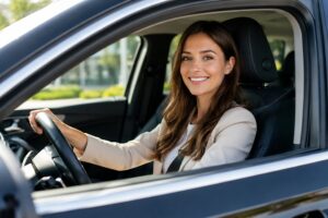 Eine Frau sitzt in einem Dienstwagen, den sie auf Basis einer Dienstwagenrichtlinie ausgesucht hat. Solch eine Car Policy sorgt für Transparenz und einheitliche Standards im Unternehmen.