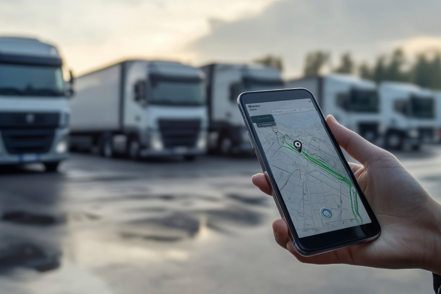 Auf einem Smartphone ist eine Fuhrpark-App mit Kartenansicht und Fahrzeugpositionen zu sehen, während im Hintergrund Lkw stehen. Fleethouse ermöglicht Unternehmen eine einfache, digitale und mobile Fuhrparkverwaltung.