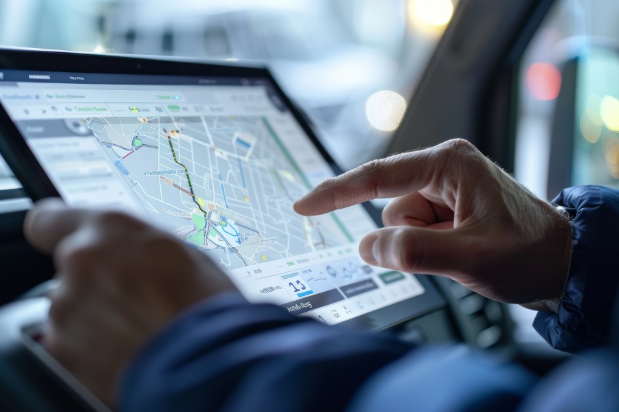 Eine Person bedient auf einem Tablet eine digitale Fuhrpark-App zur Verwaltung von Routen und Fahrzeugdaten. Fleethouse unterstützt Unternehmen dabei, Fahrzeuge, Termine und Kosten effizient, transparent und mobil zu steuern.