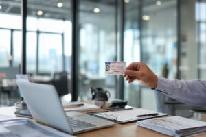 Ein Fuhrparkleiter hält einen Führerschein zur Kontrolle in der Hand. Vor ihm ist ein Laptop und eine Checkliste. Ein Sinnbild für die Führerscheinkontrolle Arbeitgeber Muster