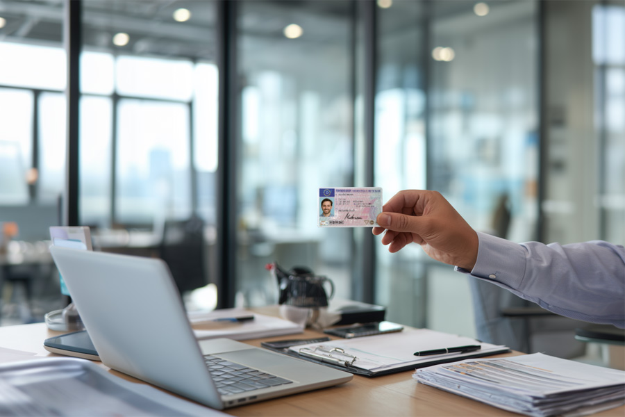 Ein Fuhrparkleiter hält einen Führerschein zur Kontrolle in der Hand. Vor ihm ist ein Laptop und eine Checkliste. Ein Sinnbild für die Führerscheinkontrolle Arbeitgeber Muster