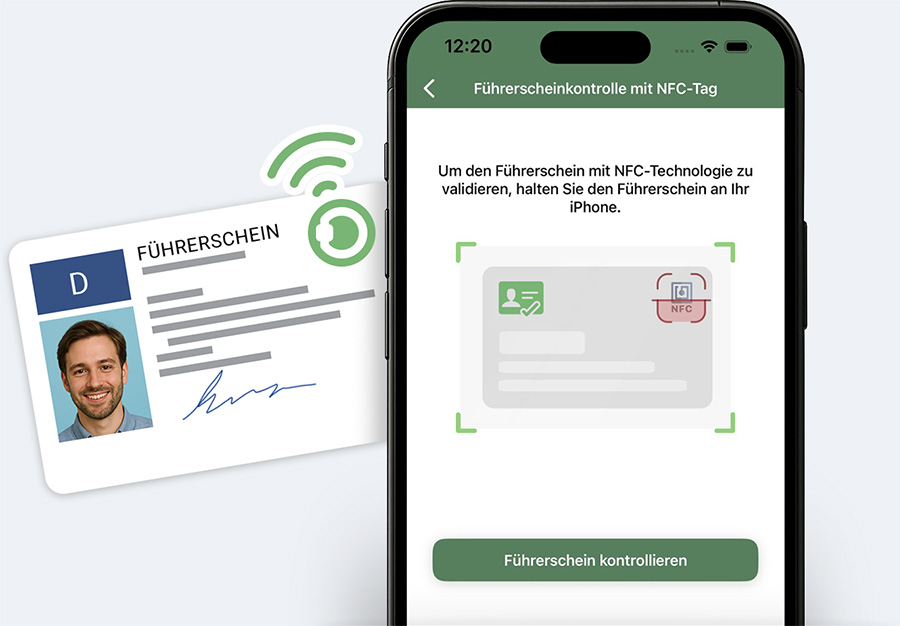 Abbildung der digitalen Führerscheinkontrolle per NFC in der Fleethouse App: Ein Führerschein mit Foto wird an ein Smartphone gehalten, das den Prüfprozess anzeigt. Die elektronische Führerscheinkontrolle von Fleethouse ermöglicht eine schnelle, sichere und rechtskonforme Überprüfung für effizientes Fuhrparkmanagement.