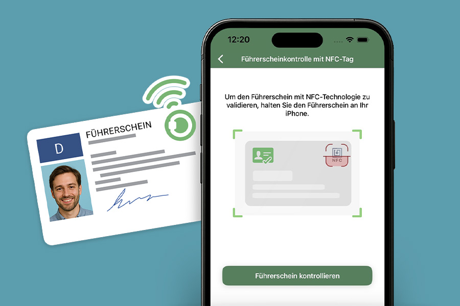 Abbildung zur digitalen Führerscheinkontrolle per App von Fleethouse. Ein Führerschein wird mit einem Smartphone über NFC geprüft. Die liva App ermöglicht eine rechtssichere, digitale und effiziente Führerscheinkontrolle – automatisiert, sicher und einfach im Fuhrparkmanagement.