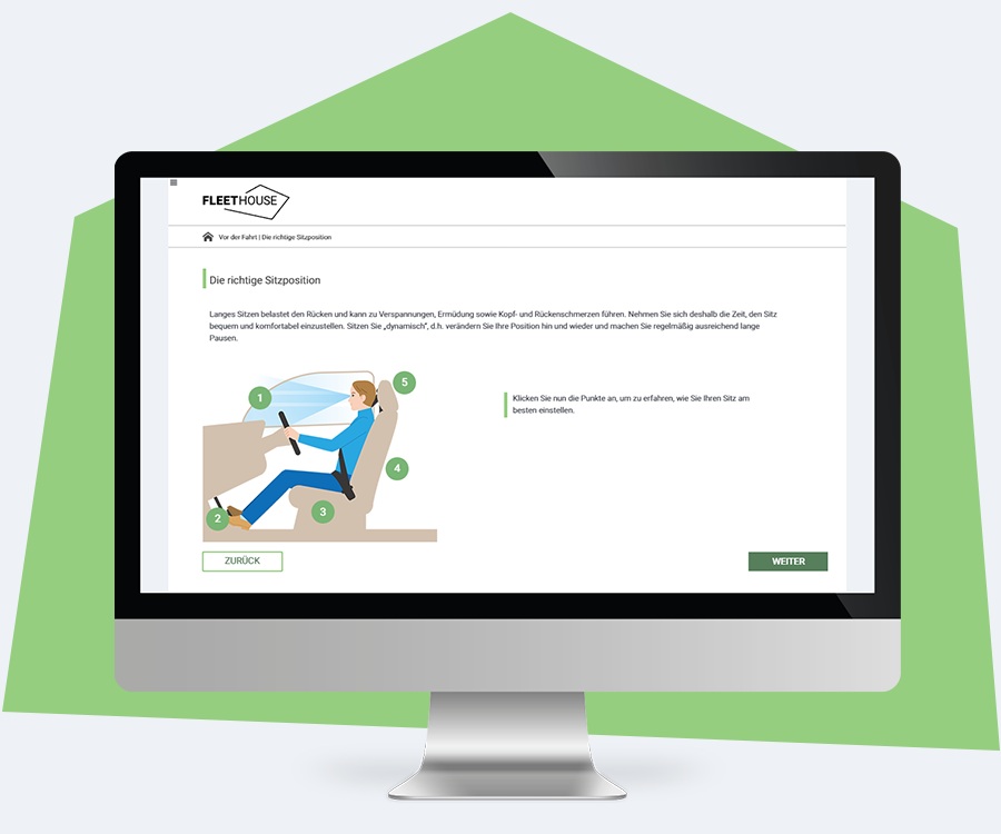 Auf einem Bildschirm wird eine grafische Anleitung zur korrekten Sitzposition im Auto angezeigt. Die digitale UVV-Fahrerunterweisung von Fleethouse vermittelt ergonomische und sicherheitsrelevante Einstellungen übersichtlich und verständlich.