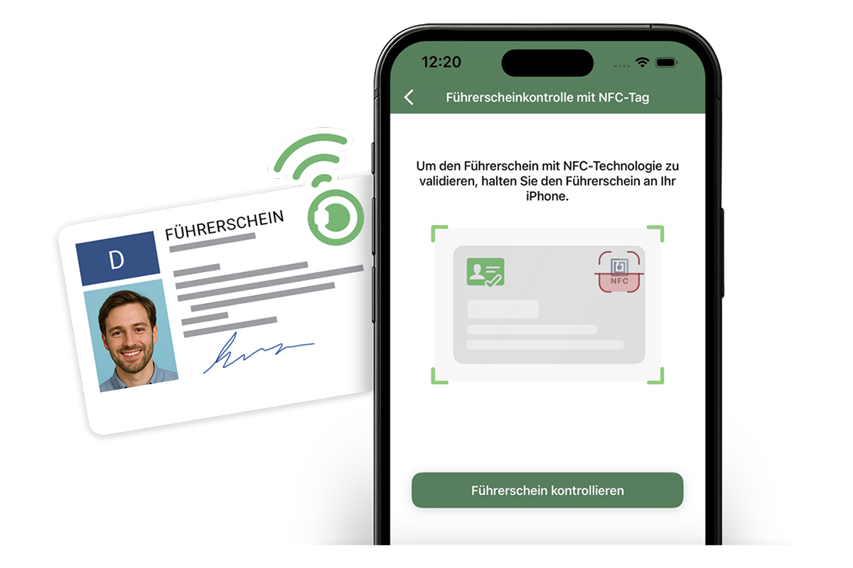 Abbildung zur digitalen Führerscheinkontrolle per App von Fleethouse. Ein Führerschein wird mit einem Smartphone über NFC geprüft. Die liva App ermöglicht eine rechtssichere, digitale und effiziente Führerscheinkontrolle – automatisiert, sicher und einfach im Fuhrparkmanagement.