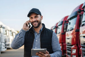 Ein Mitarbeiter steht zwischen Lkw, telefoniert und nutzt ein Tablet. Die Szene zeigt modernes und effizientes Fuhrparkmanagement und hebt hervor, wie die Fuhrparkleiter Ausbildung bei professioneller Fahrzeugverwaltung, rechtssicheren Prozessen sowie nachhaltigen und wirtschaftlichen Mobilitätslösungen unterstützt.