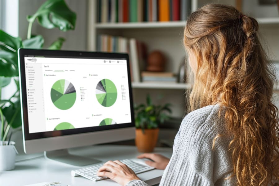 Person arbeitet am Computer mit übersichtlichen Diagrammen einer cloudbasierten Flottenmanagement Software. Die digitale Fuhrparkverwaltung von Fleethouse ermöglicht kleinen Unternehmen effizientes, transparentes und rechtssicheres Flottenmanagement mit automatisierten Prozessen, zentralen Fahrzeugdaten und smarter Analyse für moderne Mobilität.