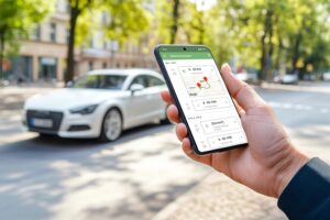 Eine Person hält ein Smartphone mit der Poolfahrzeug-Software von Fleethouse zur digitalen Buchung und Übersicht von Firmenfahrzeugen. Im Hintergrund steht ein Poolfahrzeug am Straßenrand. Das Bild veranschaulicht die digitale und zentrale Verwaltung gemeinsam genutzter Poolfahrzeuge.