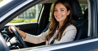 Eine Frau sitzt in einem Dienstwagen, den sie auf Basis einer Dienstwagenrichtlinie ausgesucht hat. Solch eine Car Policy sorgt f&uuml;r Transparenz und einheitliche Standards im Unternehmen.
