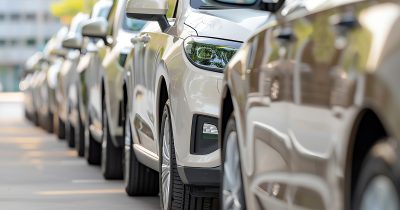 Fahrzeugflotte effizient steuern mit Fleethouse: Kosten senken, Transparenz erhöhen Reihe moderner Firmenfahrzeuge am Straßenrand, symbolisiert den professionellen Aufbau einer Fahrzeugflotte. Das Bild steht für die digitalen, effizienten und kostensparenden Fuhrparklösungen von Fleethouse.