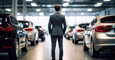 Ein Mann im Anzug steht in einer modernen Fahrzeughalle zwischen mehreren Autos. Firmenleasing mit Fleethouse ermöglicht Unternehmen eine flexible, digitale und kosteneffiziente Fuhrparkgestaltung – ideal für alle, die Mobilität skalierbar und ohne lange Bindung steuern möchten.