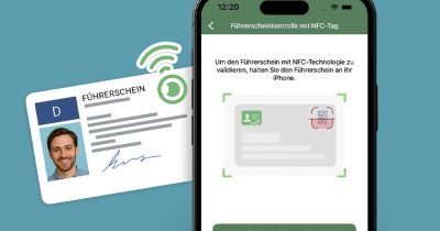 Abbildung zur digitalen F&uuml;hrerscheinkontrolle per App von Fleethouse. Ein F&uuml;hrerschein wird mit einem Smartphone &uuml;ber NFC gepr&uuml;ft. Die liva App erm&ouml;glicht eine rechtssichere, digitale und effiziente F&uuml;hrerscheinkontrolle &ndash; automatisiert, sicher und einfach im Fuhrparkmanagement.