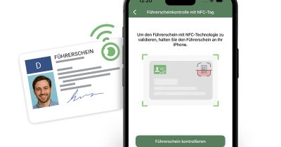 fuehrerscheinkontrolle-app-liva-fleethouse Abbildung zur digitalen Führerscheinkontrolle per App von Fleethouse. Ein Führerschein wird mit einem Smartphone über NFC geprüft. Die liva App ermöglicht eine rechtssichere, digitale und effiziente Führerscheinkontrolle – automatisiert, sicher und einfach im Fuhrparkmanagement.
