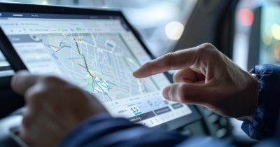 Eine Person bedient auf einem Tablet eine digitale Fuhrpark-App zur Verwaltung von Routen und Fahrzeugdaten. Fleethouse unterst&uuml;tzt Unternehmen dabei, Fahrzeuge, Termine und Kosten effizient, transparent und mobil zu steuern.