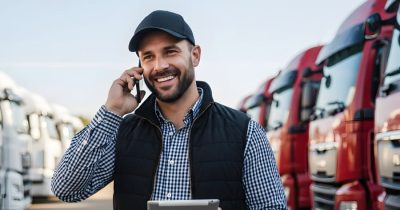 Ein Mitarbeiter steht zwischen Lkw, telefoniert und nutzt ein Tablet. Die Szene zeigt modernes und effizientes Fuhrparkmanagement und hebt hervor, wie die Fuhrparkleiter Ausbildung bei professioneller Fahrzeugverwaltung, rechtssicheren Prozessen sowie nachhaltigen und wirtschaftlichen Mobilit&auml;tsl&ouml;sungen unterst&uuml;tzt.
