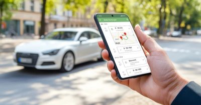 Eine Person h&auml;lt ein Smartphone mit der Poolfahrzeug-Software von Fleethouse zur digitalen Buchung und &Uuml;bersicht von Firmenfahrzeugen. Im Hintergrund steht ein Poolfahrzeug am Stra&szlig;enrand. Das Bild veranschaulicht die digitale und zentrale Verwaltung gemeinsam genutzter Poolfahrzeuge.