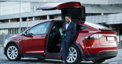 Ein Mann lehnt an einem ladenden E-Auto und nutzt sein Smartphone. Fleethouse zeigt, wie Unternehmen durch den THG-Quotenhandel mit E-Fahrzeugen im Fuhrpark zus&auml;tzliche Einnahmen generieren &ndash; nachhaltig, digital und unkompliziert umgesetzt f&uuml;r mehr Wirtschaftlichkeit in der Elektromobilit&auml;t.